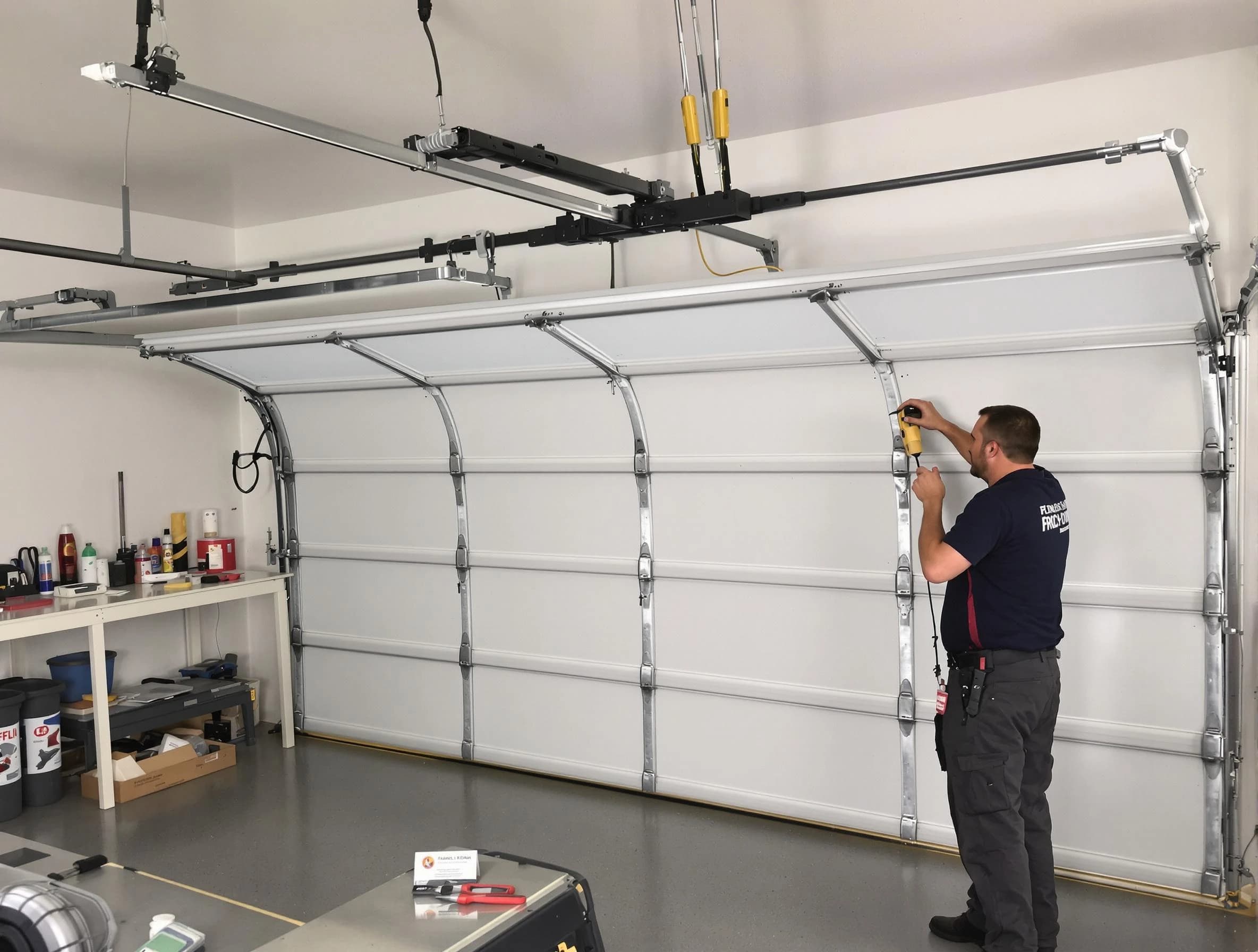 Harrison Garage Door Repair certified technician performing overhead door system repair in Harrison