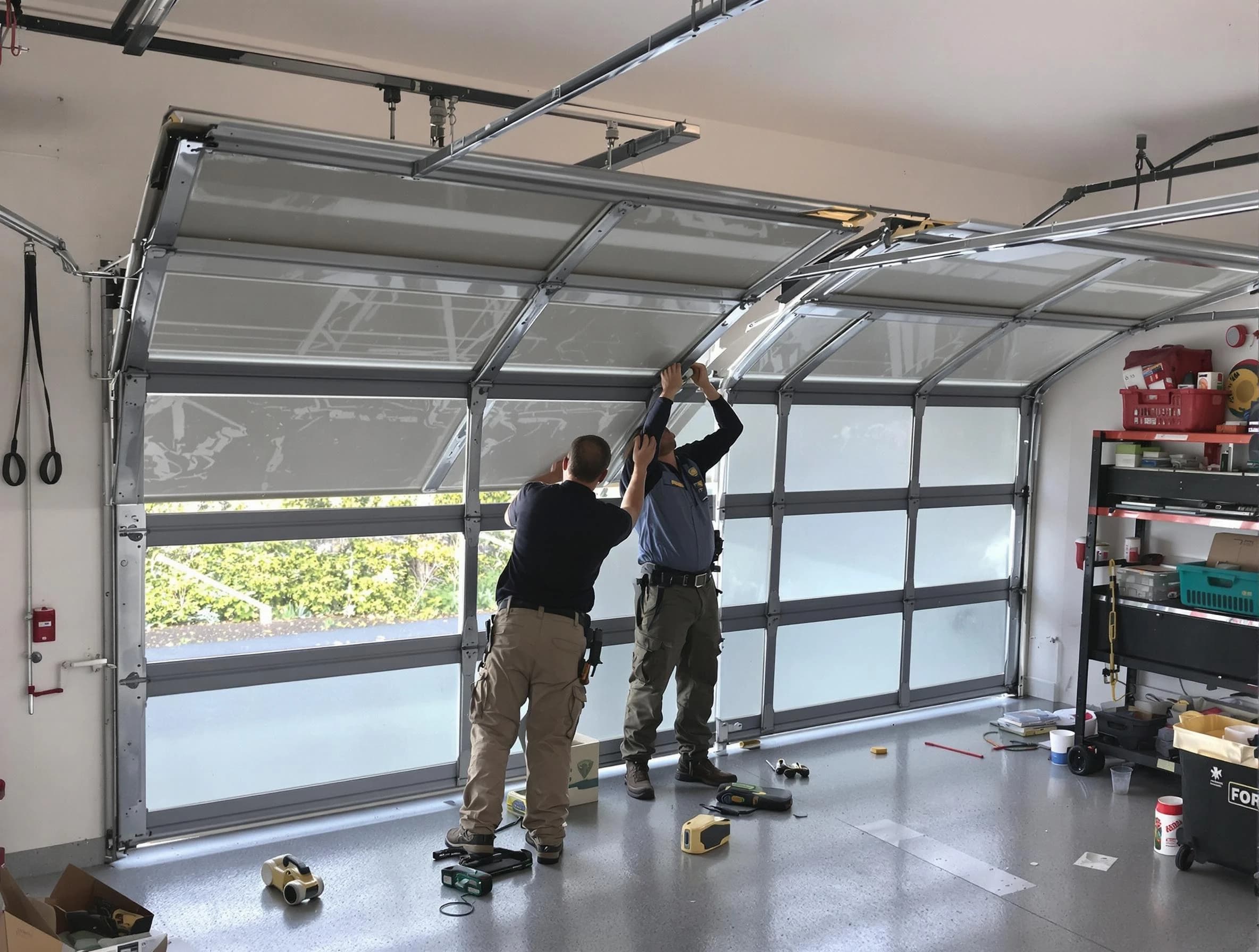 Harrison Garage Door Repair expert performing precise panel replacement on Harrison garage door