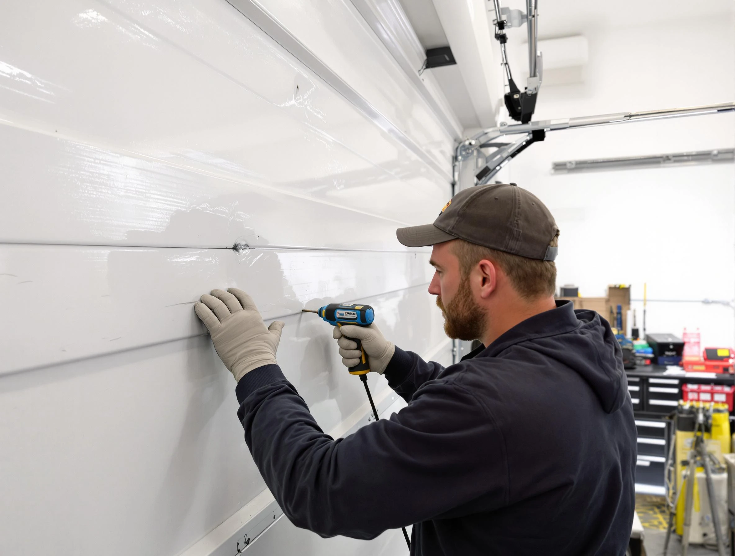 Harrison Garage Door Repair technician demonstrating precision dent removal techniques on a Harrison garage door