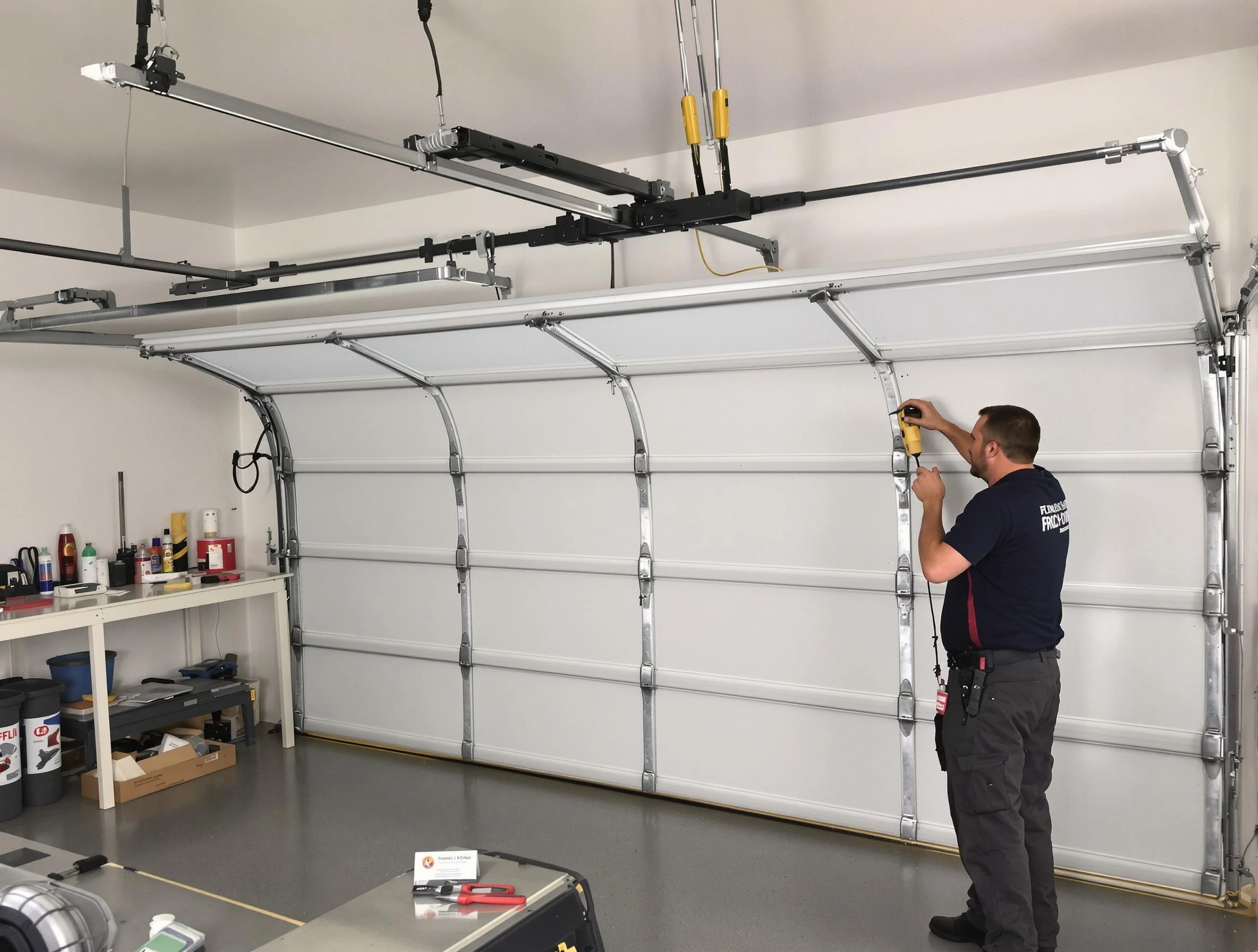 Harrison Garage Door Repair certified technician performing overhead door system repair in Harrison