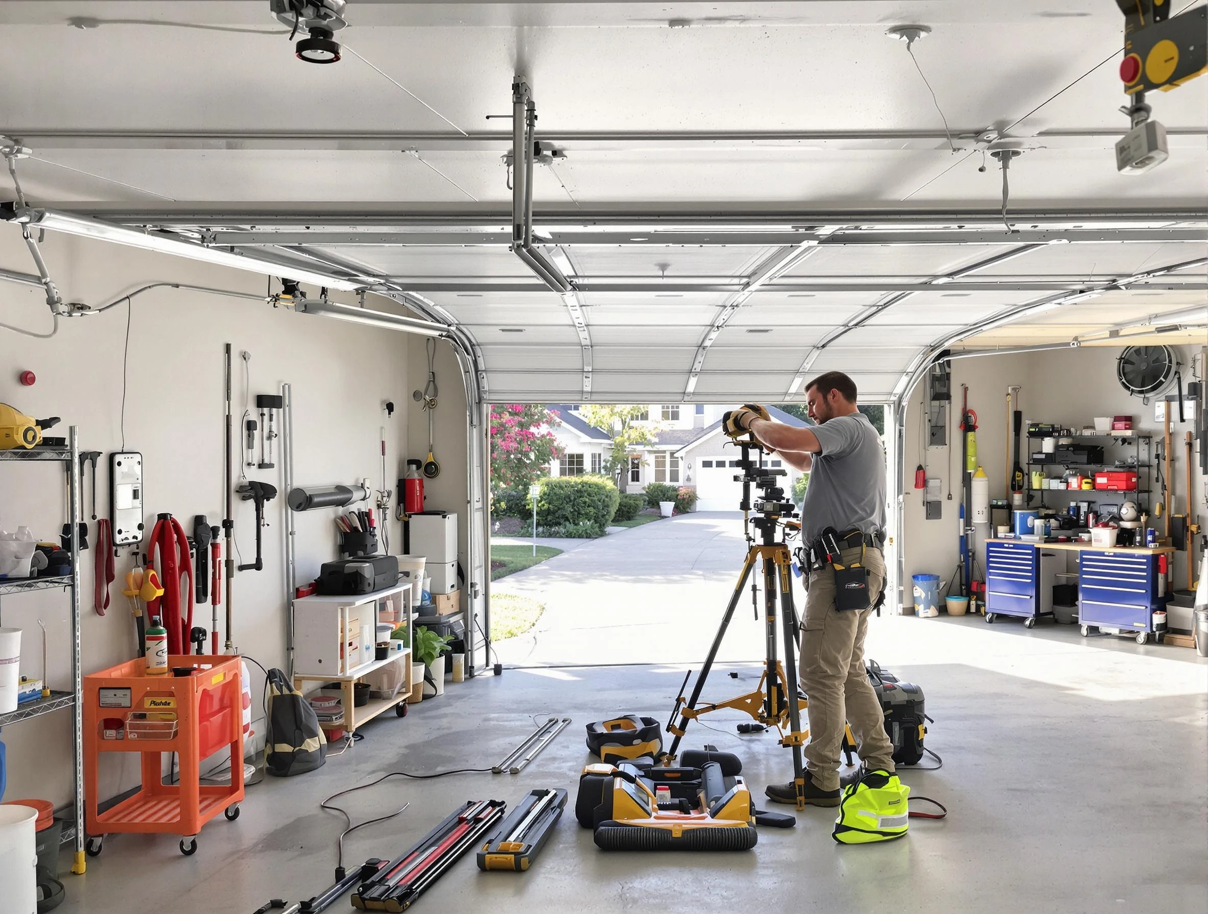 Harrison Garage Door Repair specialist performing laser-guided track alignment in Harrison